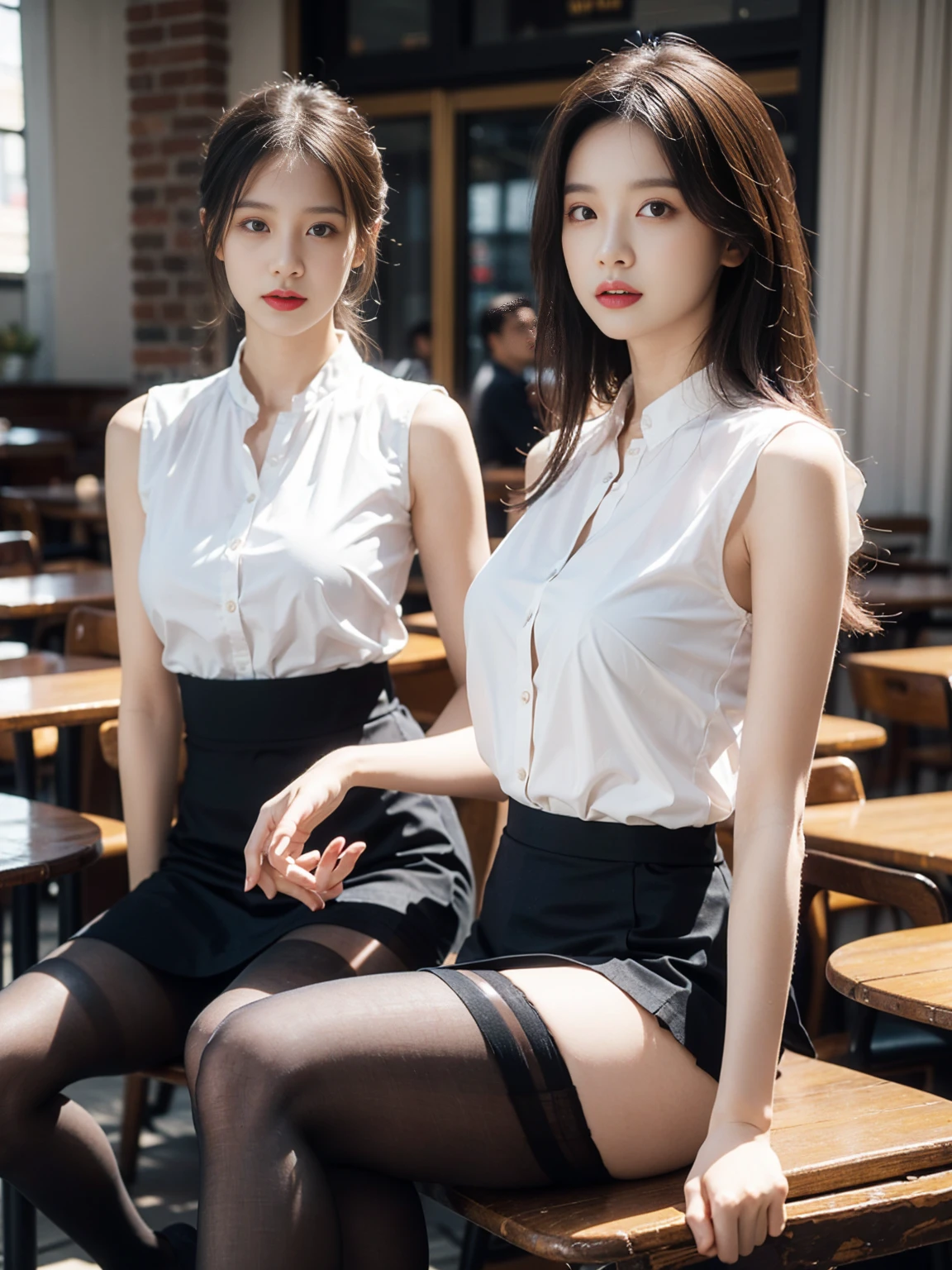 ((Best quality, 8k, Masterpiece :1.3)), Whole body, Sharp focus :1.2, A pretty woman with perfect figure :1.4, Slender abs :1.2, ((Dark brown hair, Big breasts :1.2)), body dress :1.1, (Night city view, Modern balcony :1.1), Highly detailed face and skin texture, Detailed eyes, Double eyelid, Small Bust, OL Uniform, Office Wear, white T-shirt, exposed cleavage, (Black Pantyhose), (No Panties), Interior Scene, Office