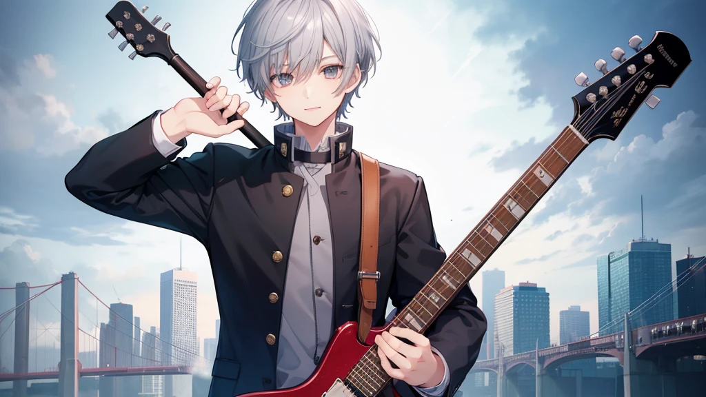 1 boy、High school boys、gakuran,Highest quality, Tabletop, Beautiful Face、 with a collar、Gray Hair、short hair、whole body、smile、smile、Carrying a guitar on his back、School Background、