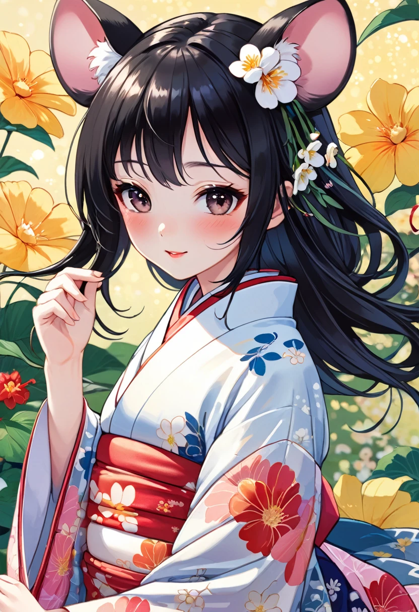 (Yumeji Takehisa style:1.2) , Hallucination, daydream , nightmare , Insane Dream , bokeh , erotica , romance , realistic mouse nymph and realistic cat , yukata , Petals fluttering down , Single eyelids, round nose, swollen cheeks , glossy lips , Collarbone , Disheveled Hair , Scorching Heat summer , (Roll up the hem with hands:1.5) , innocent smile , dynamic dance