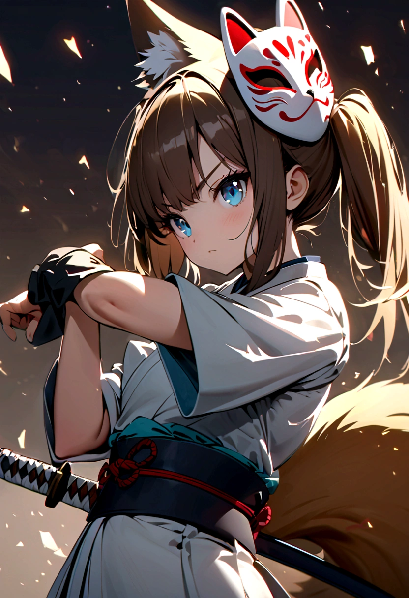 cute young girl, brown hair, long twintail hair, light blue eyes, fox ears, fox tail, muscular body, small breast, japanese outfit, fight with katana pose, fox mask