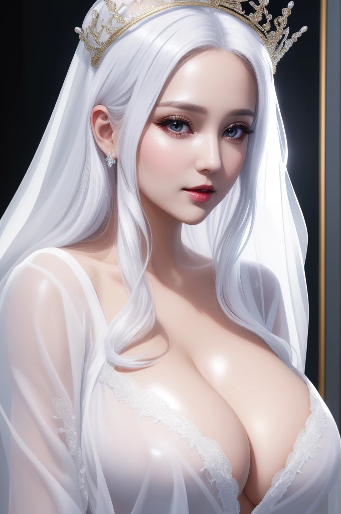 full shot, A beautiful 30 years old woman with gorgeous face, massive breasts, wearing white transparent see-through robe, cleavage, long shiny white hair, black shiny crown, bright lighting, highly detailed, 8k, masterpiece