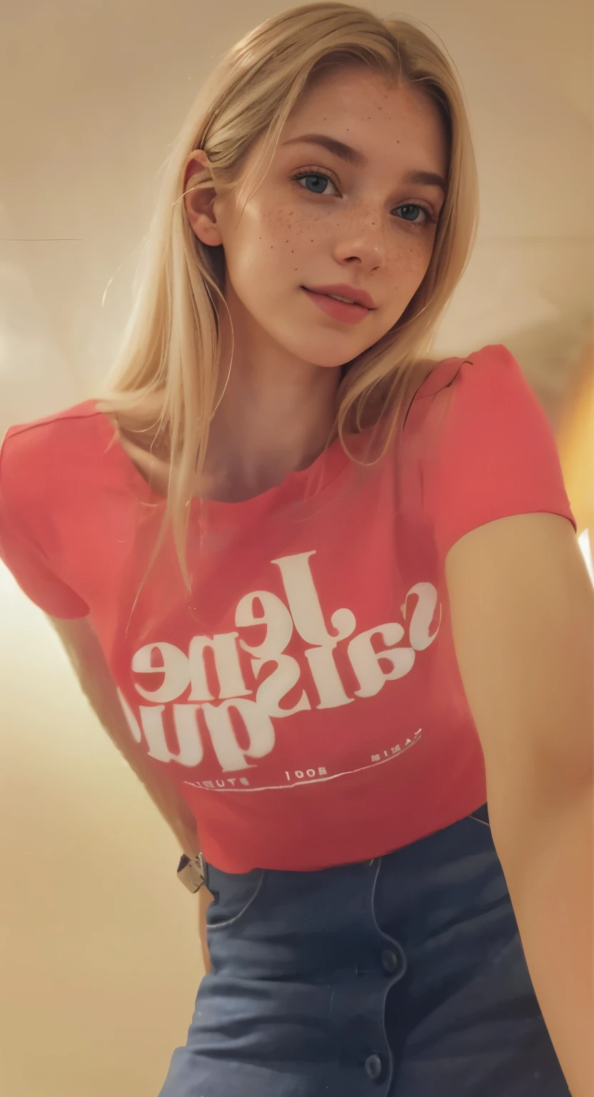 a one woman, americana, 5, pale skin and freckles, grey-eyed, delicate nose, soft and delicate lips, distant, cabelo blondie distant e ondulado na altura da cintura, Sweet smile, face with delicate feminine facial features, highly rendered