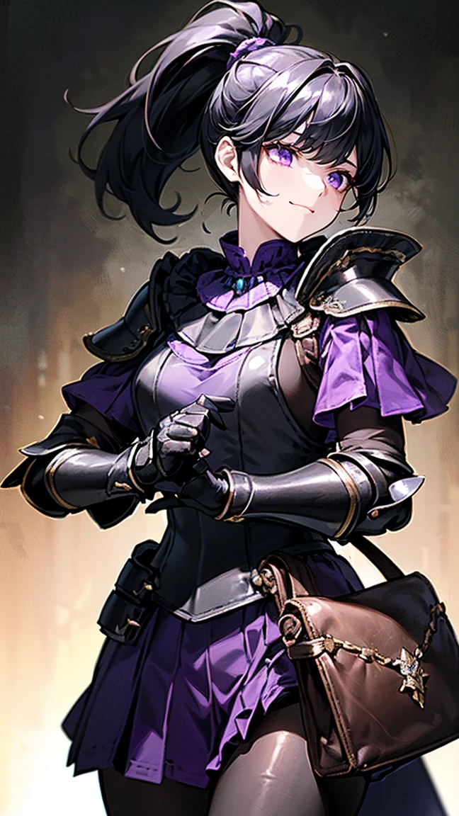 Highest quality、masterpiece、8K、Realistic、超High resolution、Very delicate and beautiful、High resolution、Cinema Lighting、medium range shooting、Portraiture、Perfect female body、Opposition、Looking at the audience、((A female mercenary from another world、Close fitting leather bib:1.6、Black gauntlets with purple trim:1.4))、Glamorous Body、Flexible body、(Shiny black hair、ponytail:1.3、Sharp Eye)、Throwing knives at shoulder and hip、Stealth Skills、A radiant smile、Battlefield of Another World、Experienced、Reward Gold Bag、Loyalty to friendship、People who walk a difficult path々々、contract、strategy。