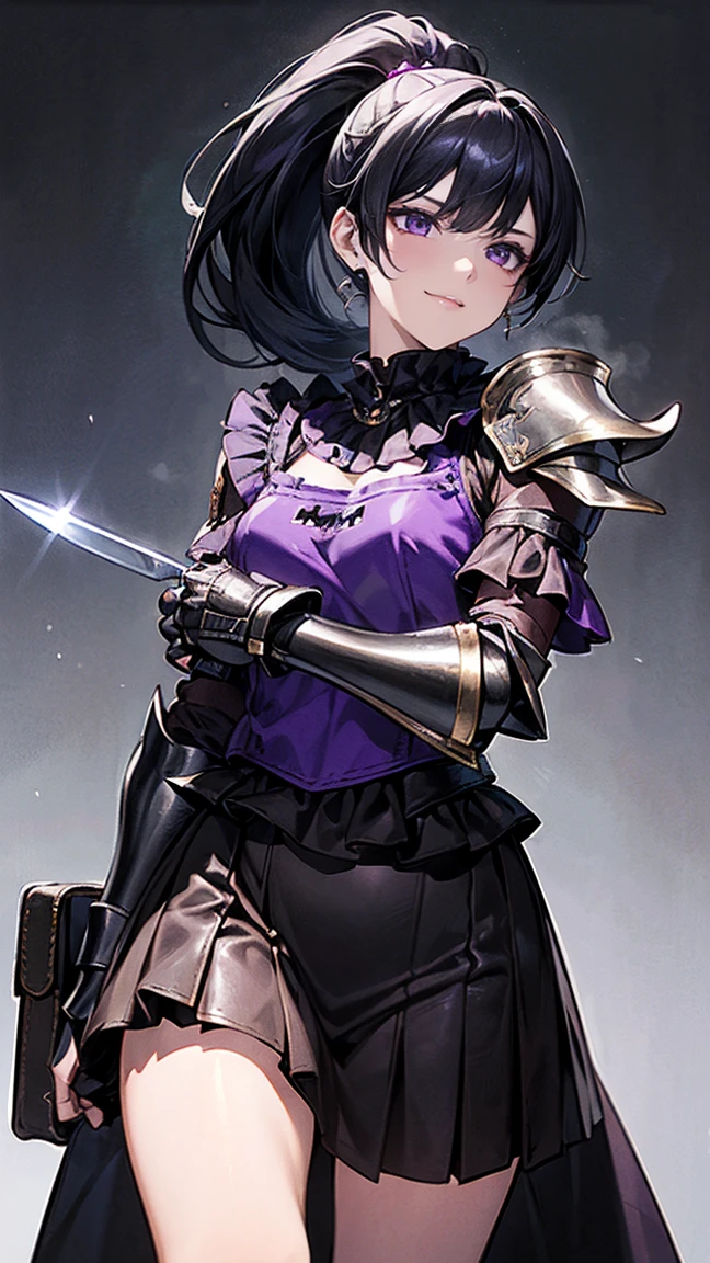 Highest quality、masterpiece、8K、Realistic、超High resolution、Very delicate and beautiful、High resolution、Cinema Lighting、medium range shooting、Portraiture、Perfect female body、Opposition、Looking at the audience、((A female mercenary from another world、Close fitting leather bib:1.6、Black gauntlets with purple trim:1.4))、Glamorous Body、Flexible body、(Shiny black hair、ponytail:1.3、Sharp Eye)、Throwing knives at shoulder and hip、Stealth Skills、A radiant smile、Battlefield of Another World、Experienced、Reward Gold Bag、Loyalty to friendship、People who walk a difficult path々々、contract、strategy。