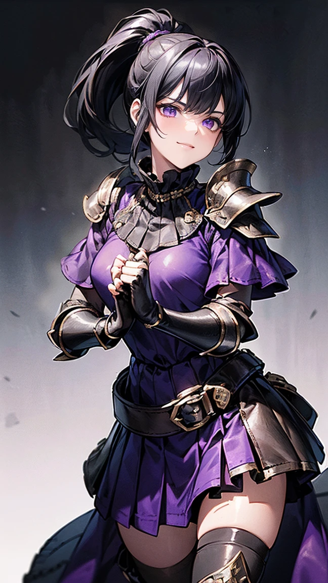 Highest quality、masterpiece、8K、Realistic、超High resolution、Very delicate and beautiful、High resolution、Cinema Lighting、medium range shooting、Portraiture、Perfect female body、Opposition、Looking at the audience、((A female mercenary from another world、Close fitting leather bib:1.6、Black gauntlets with purple trim:1.4))、Glamorous Body、Flexible body、(Shiny black hair、ponytail:1.3、Sharp Eye)、Throwing knives at shoulder and hip、Stealth Skills、A radiant smile、Battlefield of Another World、Experienced、Reward Gold Bag、Loyalty to friendship、People who walk a difficult path々々、contract、strategy。