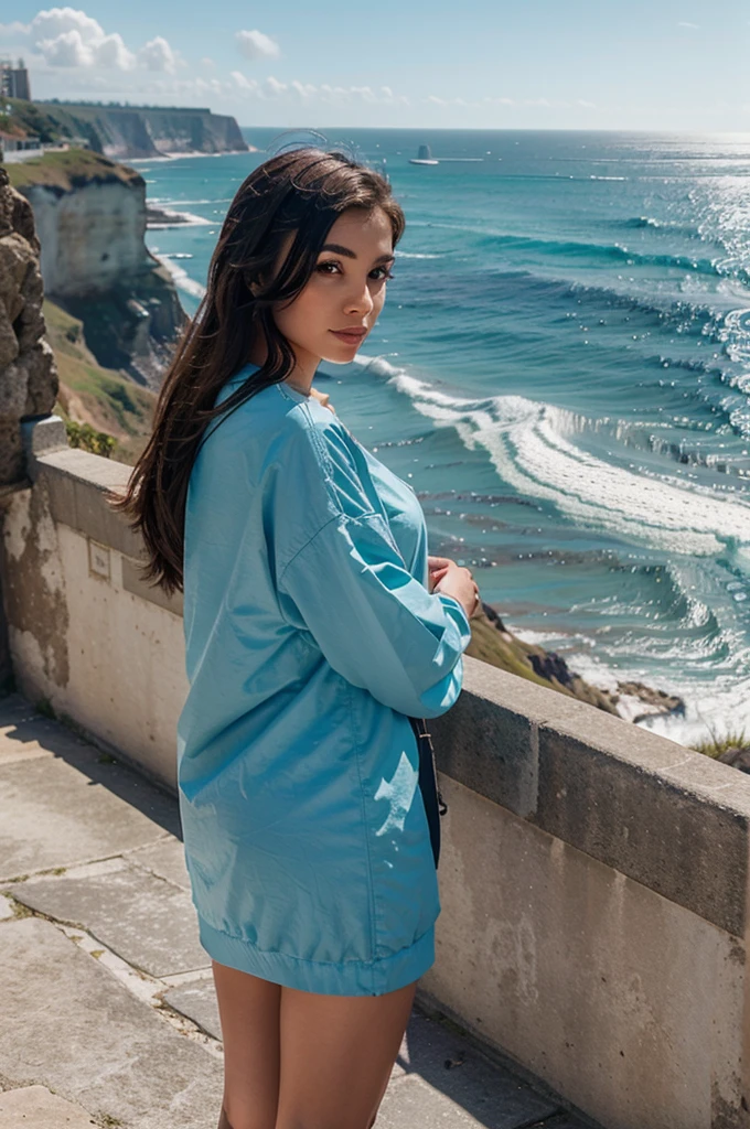 A female virtual influencer standing by a picturesque seaside cliff, with a stunning ocean view in the background."