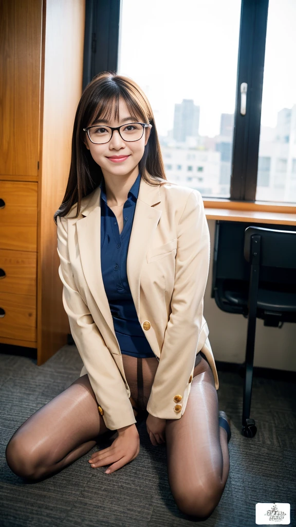 ulzang-6500-v1.1,(RAW photo:1.2), (Photorealistic:1.4), Beautiful Meticulous Girl, very detailed eyes and faces, Beautiful detailed eyes, absurderes, unbelievable Ridiculous, hugefilesize, ultra - detailed, A high resolution, The is very detailed,best qualtiy,tmasterpiece,Kemomimi,((office lady uniform)),illustratio,The is very detailed,CG,unified,8k wallpaper,Amazing Cleavage,finely detailled,tmasterpiece,best qualtiy,The is very detailed的 CG unified 8k wallpaper,light in face,cinmatic lighting, 1girll, ,((pantyless)),(wears glasses),(((dynamicposes))),(Camel toes),(A half body),((Pantyhose)),((Sit with your knees folded))1 girl、((Beautiful girl lying in classroom))、long leges、((spread their legs))、((A smile))、moderately sized breasts,、(8K、RAW photography、top-quality、tmasterpiece:1.2)、(hentail realism、photoRealstic:1.37)、Student clothes、((Girl in white blazer、Open before the uniform)), Badge on the chest、、flare skirt,Narrow check,Light chestnut long straight hair,,(skyscrapers outside window)、Wearing glasses,((panties are visible)),squatt,kneeling down,sit on chair,