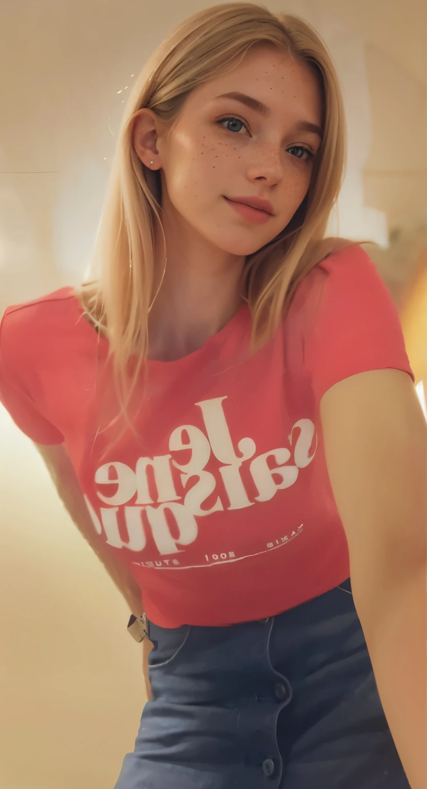 a one woman, americana, age 25, pale skin and freckles, grey-eyed, delicate nose, soft and delicate lips, distant, cabelo blondie distant e ondulado na altura da cintura, Sweet smile, face with delicate feminine facial features, highly rendered