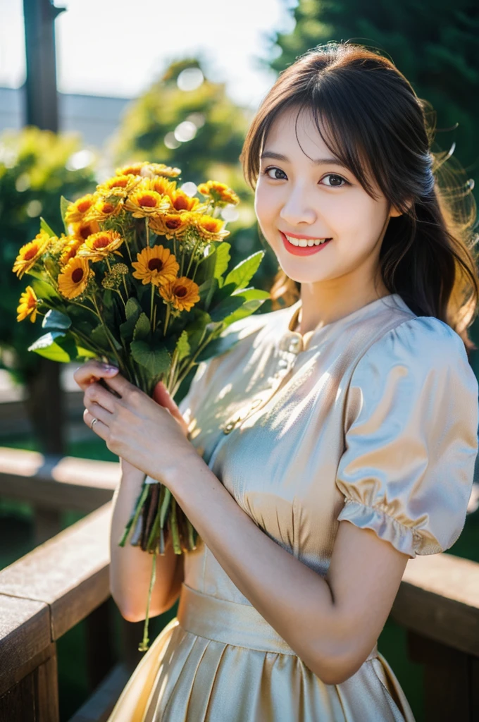 (8K, RAW Photos, Highest quality、masterpiece:1.2), (Realistic、Realistic:1.37), Very detailed, High resolution, 1 girl, Laughter, View your viewers, dress, Beautifully detailed face、(Holding a bouquet:1.3),Beautiful and detailed skin、Skin Texture、Floating Hair、Professional Lighting,
