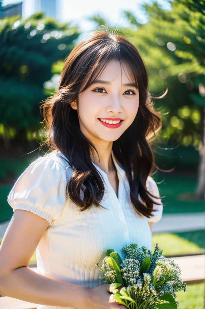 (8K, RAW Photos, Highest quality、masterpiece:1.2), (Realistic、Realistic:1.37), Very detailed, High resolution, 1 girl, Laughter, View your viewers, dress, Beautifully detailed face、(Holding a bouquet:1.3),Beautiful and detailed skin、Skin Texture、Floating Hair、Professional Lighting,
