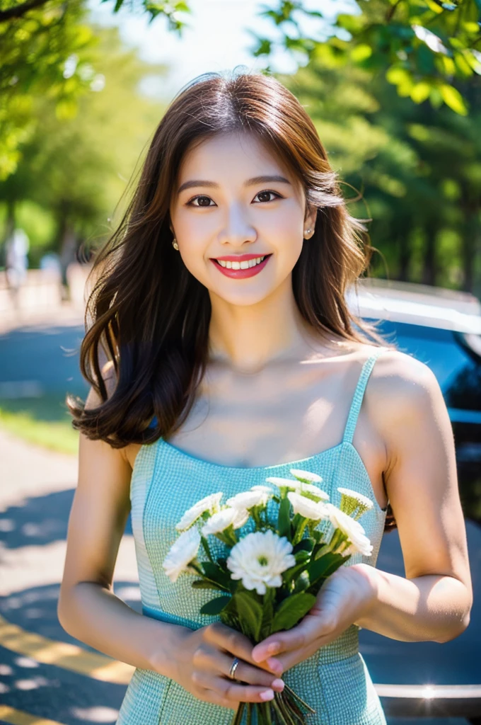 (8K, RAW Photos, Highest quality、masterpiece:1.2), (Realistic、Realistic:1.37), Very detailed, High resolution, 1 girl, Laughter, View your viewers, dress, Beautifully detailed face、(Holding a bouquet:1.3),Beautiful and detailed skin、Skin Texture、Floating Hair、Professional Lighting,
