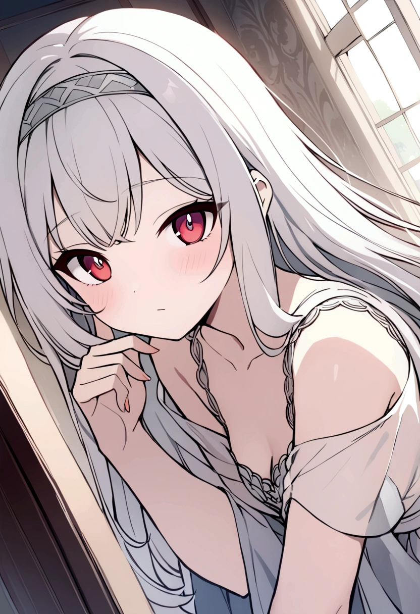 ((masterpiece, best quality))++, Detailed lighting+, Detailed hair+, Detail hand+ ,1 girl, Miss, Long hair, Crimson eyes, beautiful eyes, young white hair,,(Beautiful white hair:1.5),(Beautiful and delicate eyes), high resolution+,glass tint, Reflective eyes, {{angle}} , Very detailed wallpaper, The original, ,Sea of Flowers,Air bangs,Extremely beautiful CG,Headband,Gray eyelashes