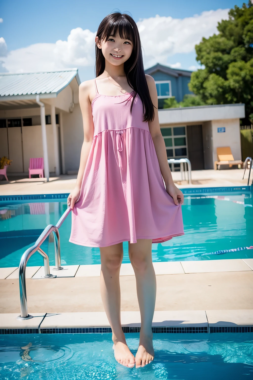 The empty school poolside、Japanese 、Wearing a pink dress、Standing barefoot、Long black hair、Cute face、Smiling、Full body portrait