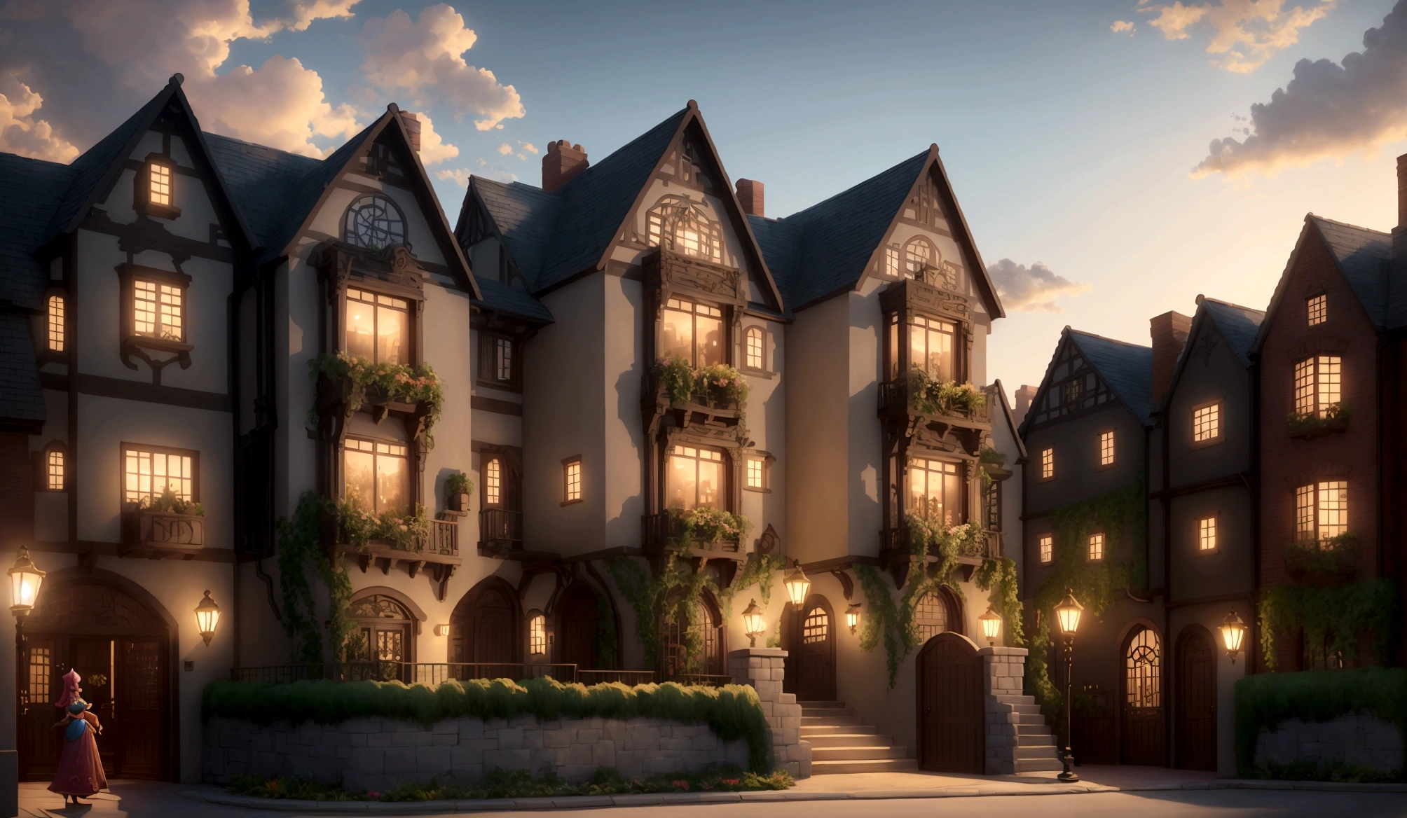 Render a whimsical Disney-inspired metropolis at dusk. Framed by lush greenery and wispy clouds, the modern townhouses are adorned with vibrant, intricately detailed brickwork, as if brought to life. Soft, golden light casts long shadows, imbuing the scene with a serene atmosphere. Stylized yet realistic, the entire setting exudes charm, inviting the viewer to step into this enchanting world.