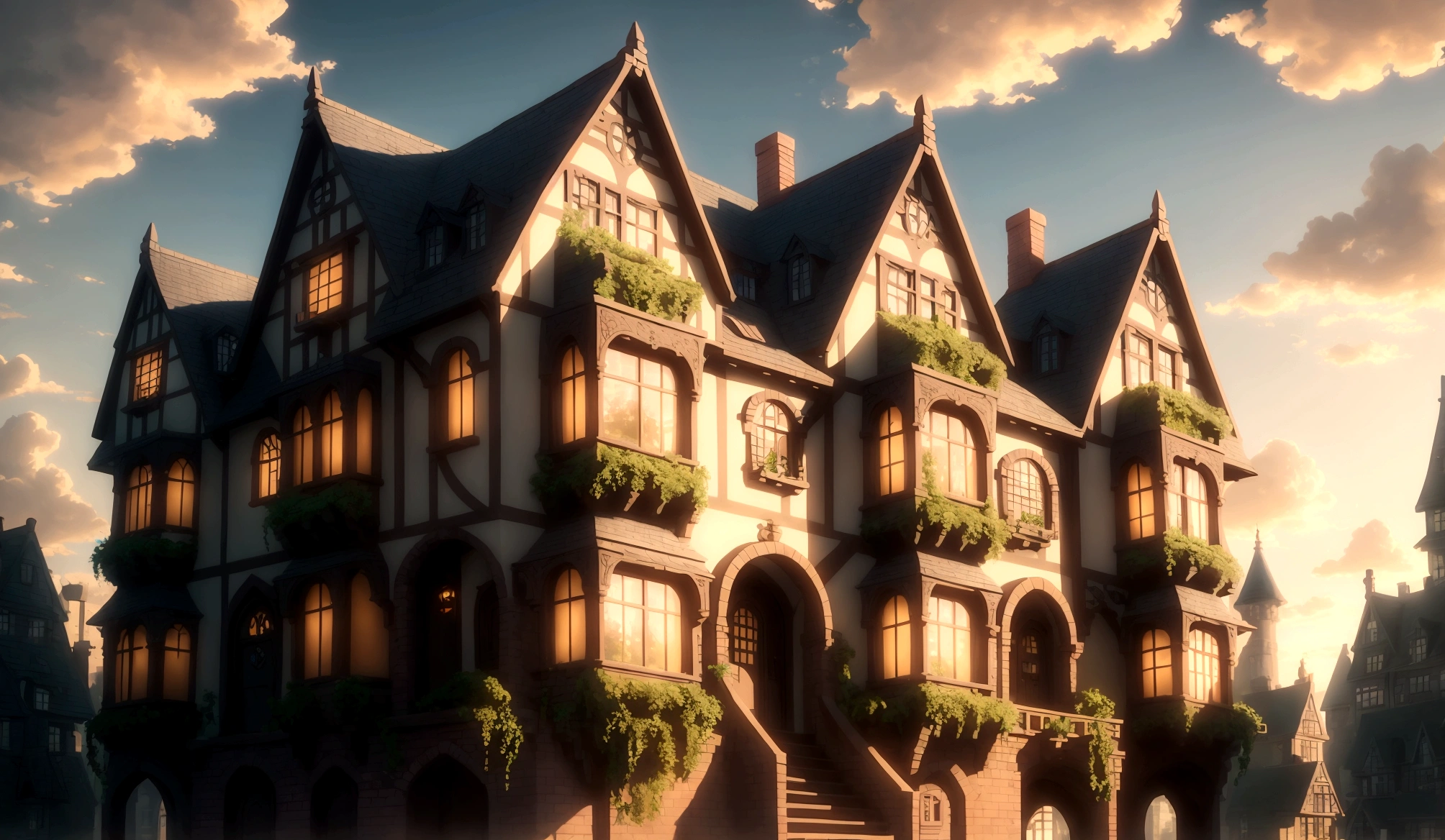 Render a whimsical Disney-inspired metropolis at dusk. Framed by lush greenery and wispy clouds, the modern townhouses are adorned with vibrant, intricately detailed brickwork, as if brought to life. Soft, golden light casts long shadows, imbuing the scene with a serene atmosphere. Stylized yet realistic, the entire setting exudes charm, inviting the viewer to step into this enchanting world.