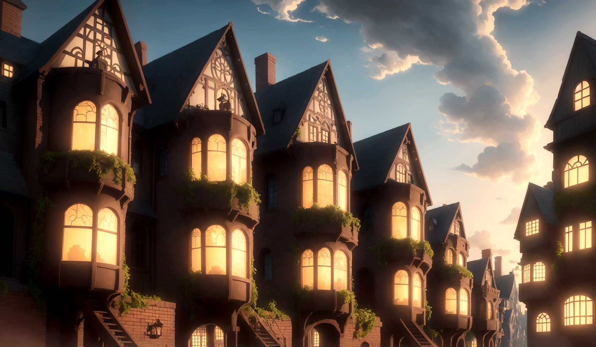 Render a whimsical Disney-inspired metropolis at dusk. Framed by lush greenery and wispy clouds, the modern townhouses are adorned with vibrant, intricately detailed brickwork, as if brought to life. Soft, golden light casts long shadows, imbuing the scene with a serene atmosphere. Stylized yet realistic, the entire setting exudes charm, inviting the viewer to step into this enchanting world.