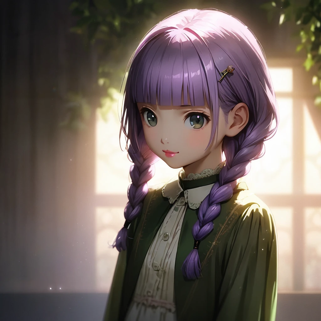 A girl is wearing a rabbit costume,(Cute a girl:1.5), anime visual, fullbody shot, (Lovey-dovey:1.5), (tilt head:1.3), extremely delicate face, soft clean focus, realistic lighting and shading, (an extremely delicate and beautiful art:1.3), elegant, (worm tone:1.1),(one girl with closs hair pin,pale purple hair,wavy two braids,blunt bangs hair,green and black eyes.pink lips:1.4), small breast,slim,Slender,morning lit, fullbody shot, a gentle smile, look at viewer,
