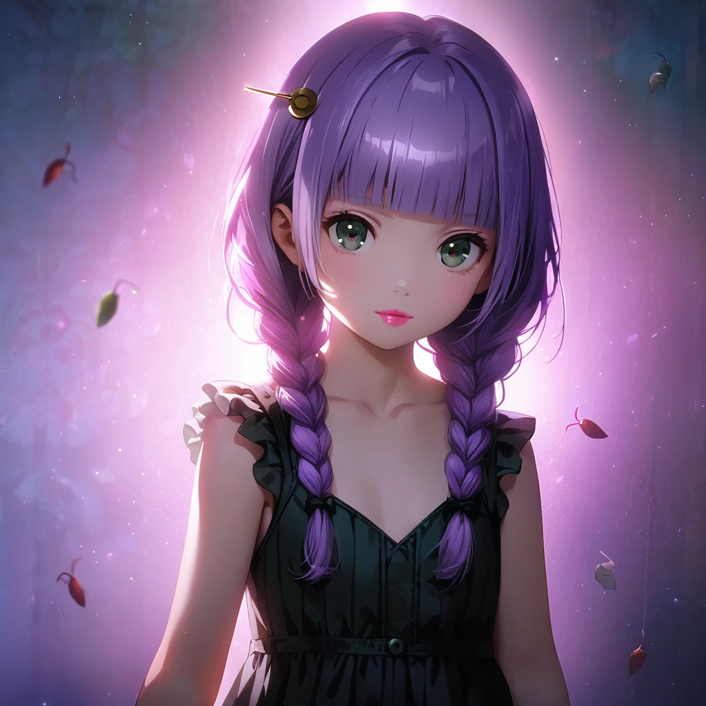 A girl is wearing a rabbit costume,(Cute a girl:1.5), anime visual,  fullbody shot, (Lovey-dovey:1.5), (tilt head:1.3), extremely delicate face, soft clean focus, realistic lighting and shading, (an extremely delicate and beautiful art:1.3), elegant, (worm tone:1.1),(one girl with closs hair pin,pale purple hair,wavy two braids,blunt bangs hair,green and black eyes.pink lips:1.4), small breast,slim,Slender,morning lit, fullbody shot, a gentle smile, look at viewer, 