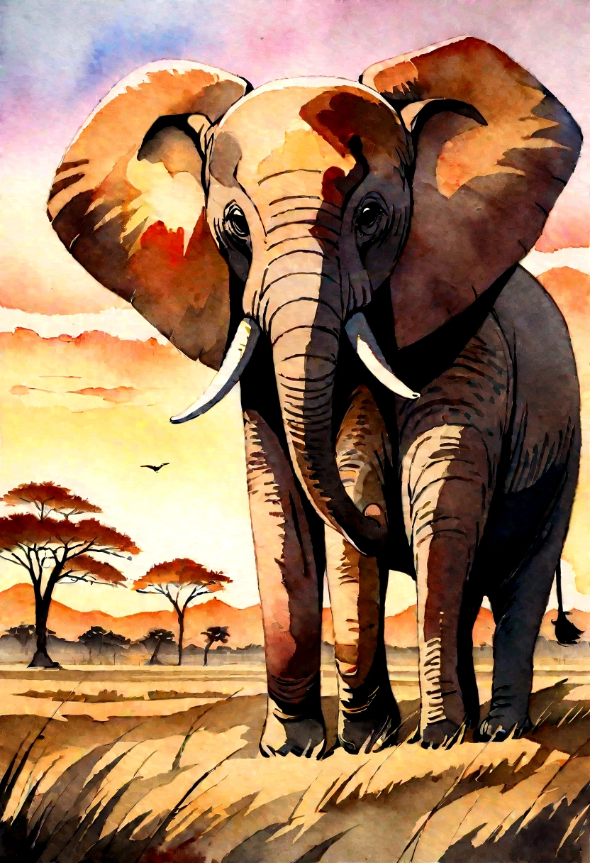 four paintings of elephants in a field with trees and a sunset, scenery artwork, african savannah, african steppe, landscape of africa, savanna, detailed gouache paintings, watercolor painting style, detailed watercolor painting, watercolor detailed art, oil paintings, african plains, watercolor painting, watercolour painting, watercolors on canvas, detailed paintings, waterpaint art, landscapes. With crown. 8K image