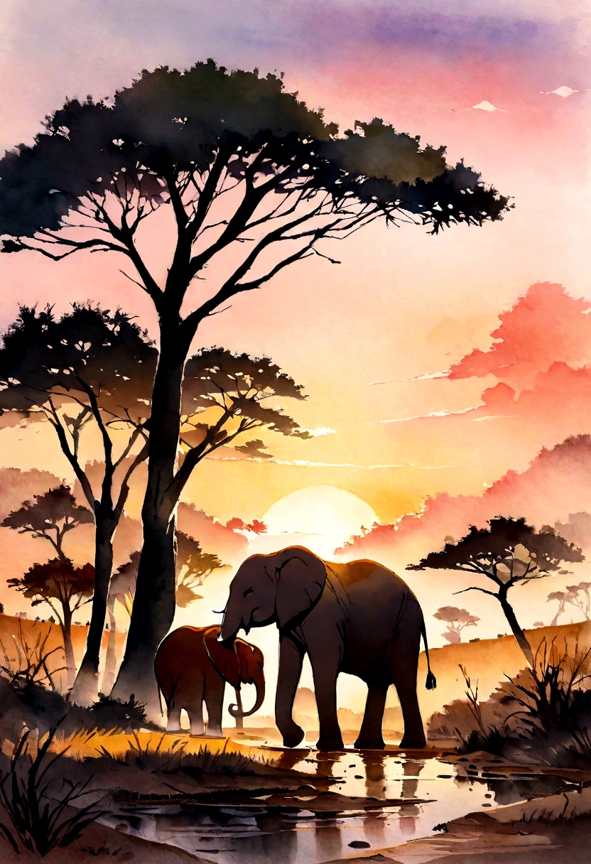 four paintings of elephants in a field with trees and a sunset, scenery artwork, african savannah, african steppe, landscape of africa, savanna, detailed gouache paintings, watercolor painting style, detailed watercolor painting, watercolor detailed art, oil paintings, african plains, watercolor painting, watercolour painting, watercolors on canvas, detailed paintings, waterpaint art, landscapes. With crown. 8K image