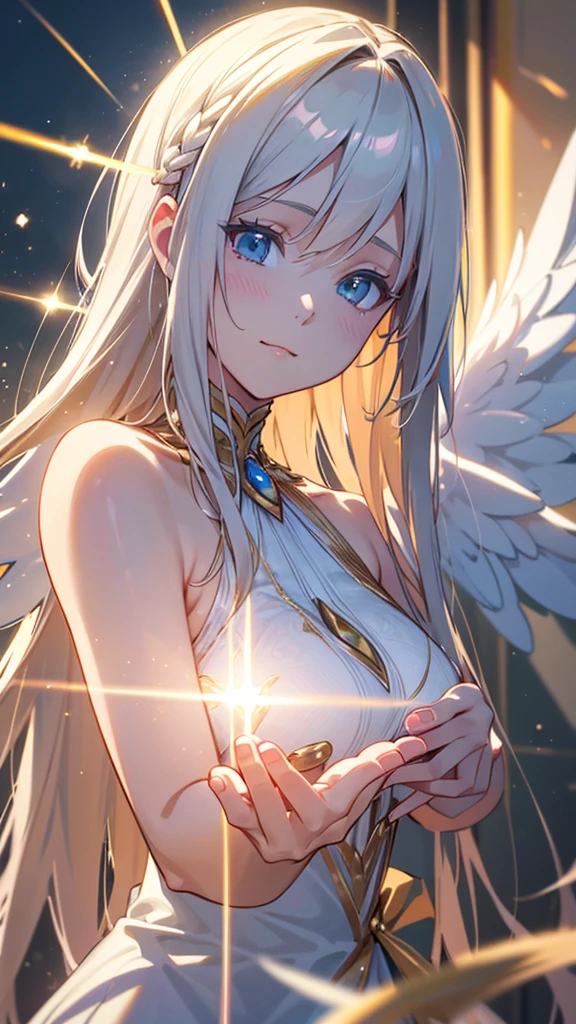 a pair of twin goddess, silver hair and golden hair, divine, beautiful, grand, shining brightly, particles of light, rays of light, pure white angelic wings, best quality, 8k, highres, masterpiece, anime style, realistic, photorealistic, photo-realistic, HDR, UHD, studio lighting, ultra-fine painting, sharp focus, physically-based rendering, extreme detail description, professional, vivid colors, bokeh