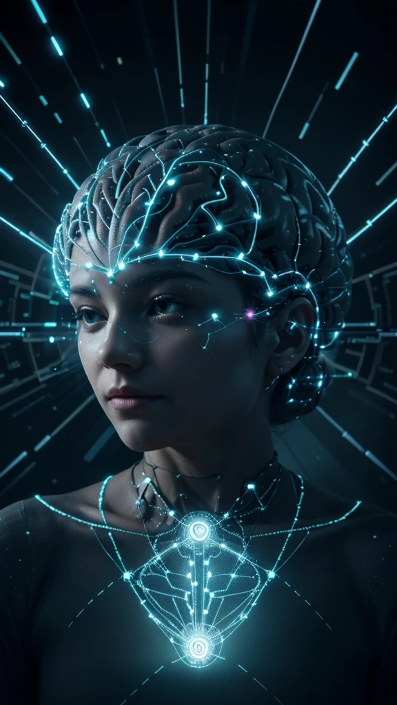 Generate an image of a human brain with glowing, interconnected networks representing neural connections. Surround the brain with floating icons and symbols (like books, TV screens, and digital data) to symbolize vast amounts of stored information. The background should be dark, emphasizing the illuminated brain and its complex network.