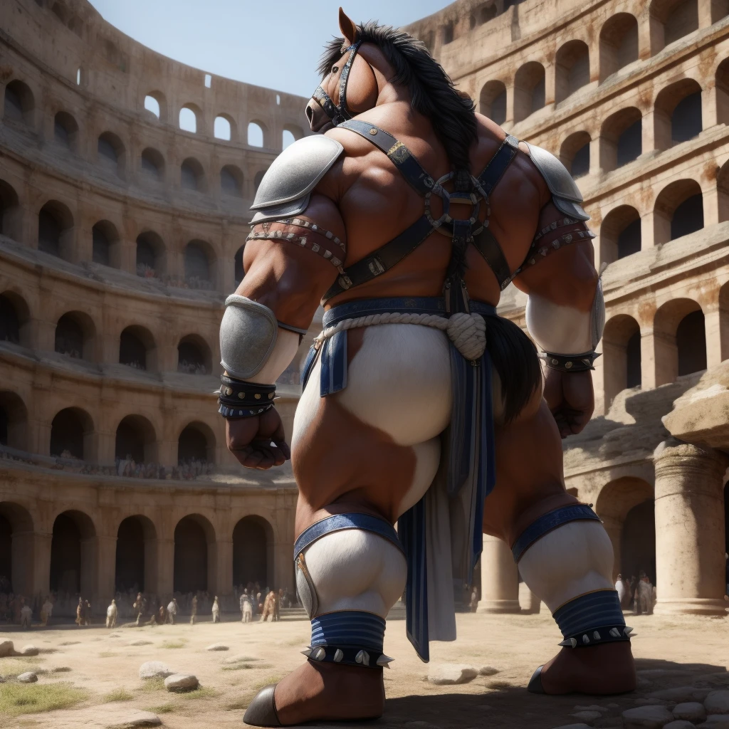 Furry, Kemono, Antropomorphic, humanoid horse, (Color White), Furry Antropometric legs, Hooves, Antro body, Bigg Ass, Male Bulge, Bigg Balls, Full body, Braided Mane, Roman gladiator armor, Gladiator, Black leather harness, Spiked Anklet, White fitted fundoshi, Roman coliseum arena, Blue Pupil Eyes, High Resolution, 4K Detailed, Good Lighting, Beautiful, Photorealistic, Realistic, White Fundoshi, tight loincloth, Back, tale, tale horse