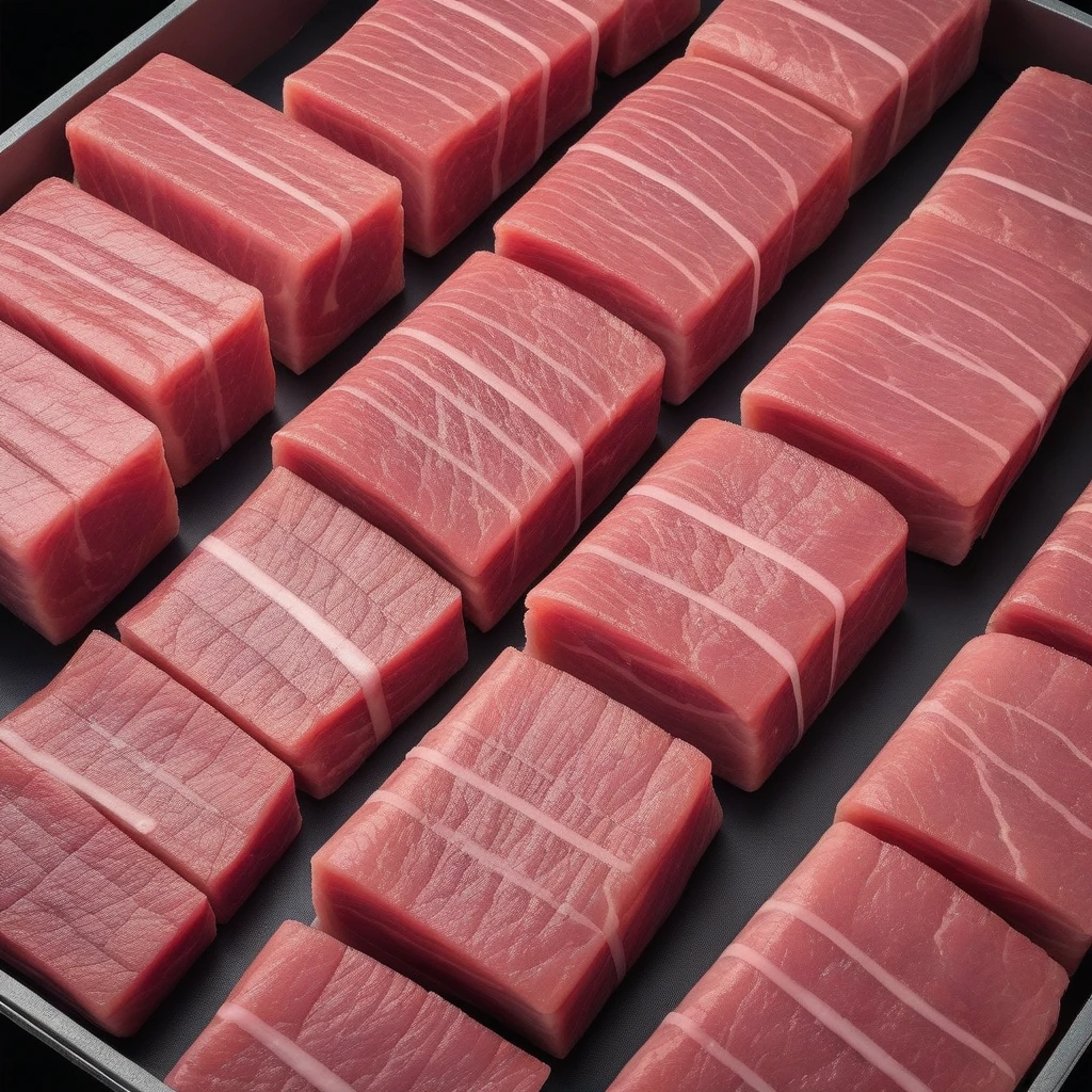 Meat slices and sausages displayed in packaging, pork,Covered with organic meat，thin slices of meat，Pork belly