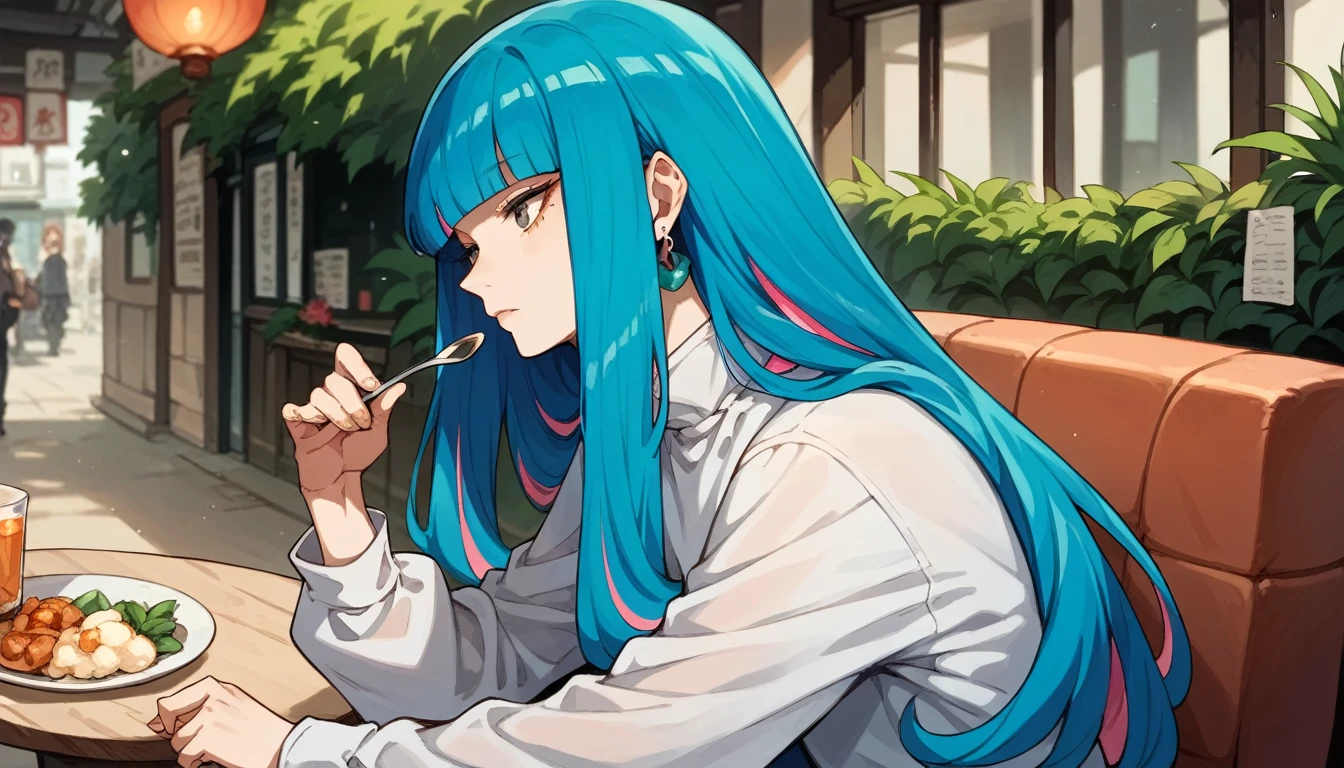 ((1 girl) eida, blue hair, blunt bangs, colored colored inner hair, long hair, earrings, long sidelocks), chilling in cafe while holding a spoon in her right hand