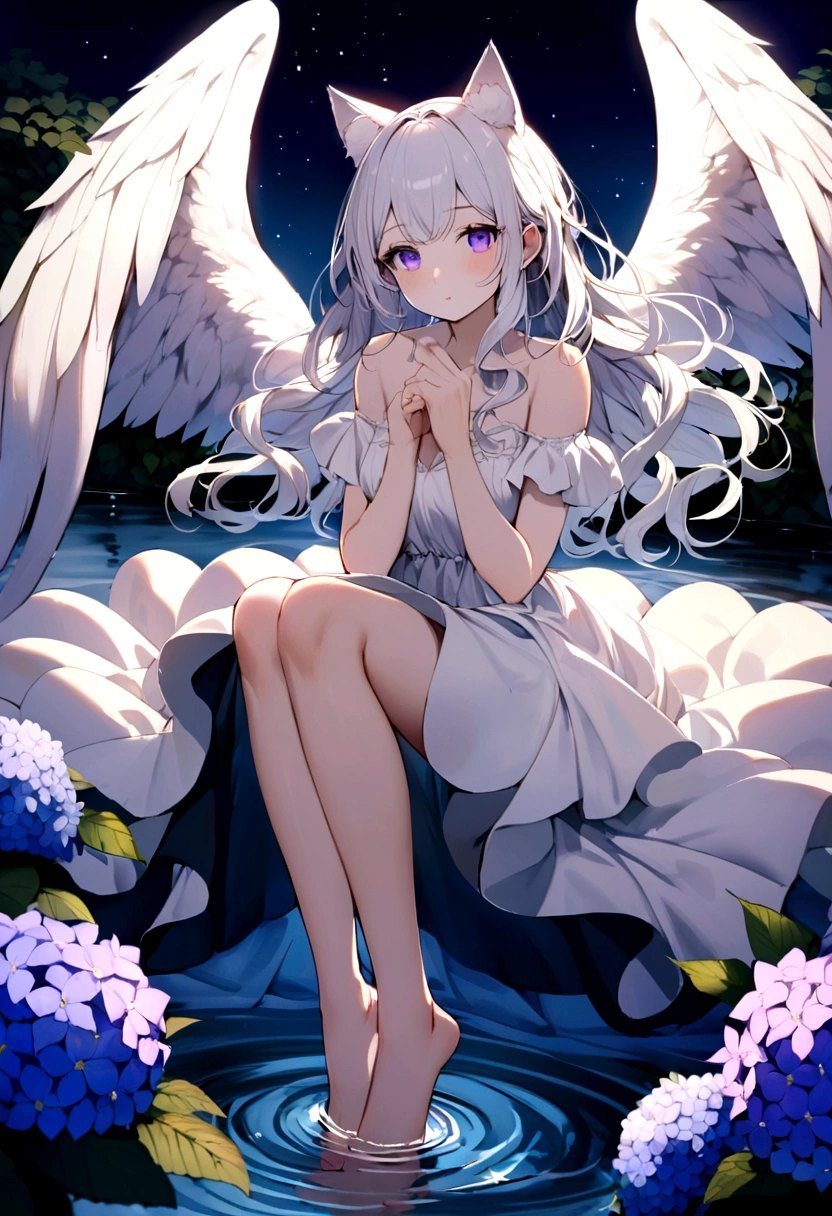 A delicate and elegant girl, Long wavy hair that reaches the knees,White hair is very attractive.., Detailed and precise manual work, Attractive girl, White cat ears, look at me, Purple eyes and white eyelashes,Her cheeks turned red,Big angel wings,On the water, A subject that stands out against the dark night sky,A lot of hydrangea, White Dress, Dramatic moonlight that makes your subject stand out, barefoot,Ankle decoration,Floating。