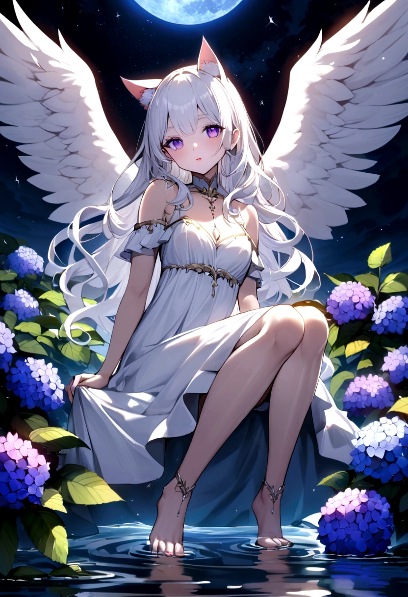A delicate and elegant girl, Long wavy hair that reaches the knees,White hair is very attractive.., Detailed and precise manual work, Attractive girl, White cat ears, look at me, Purple eyes and white eyelashes,Her cheeks turned red,Big angel wings,On the water, A subject that stands out against the dark night sky,A lot of hydrangea, White Dress, Dramatic moonlight that makes your subject stand out, barefoot,Ankle decoration,Floating。