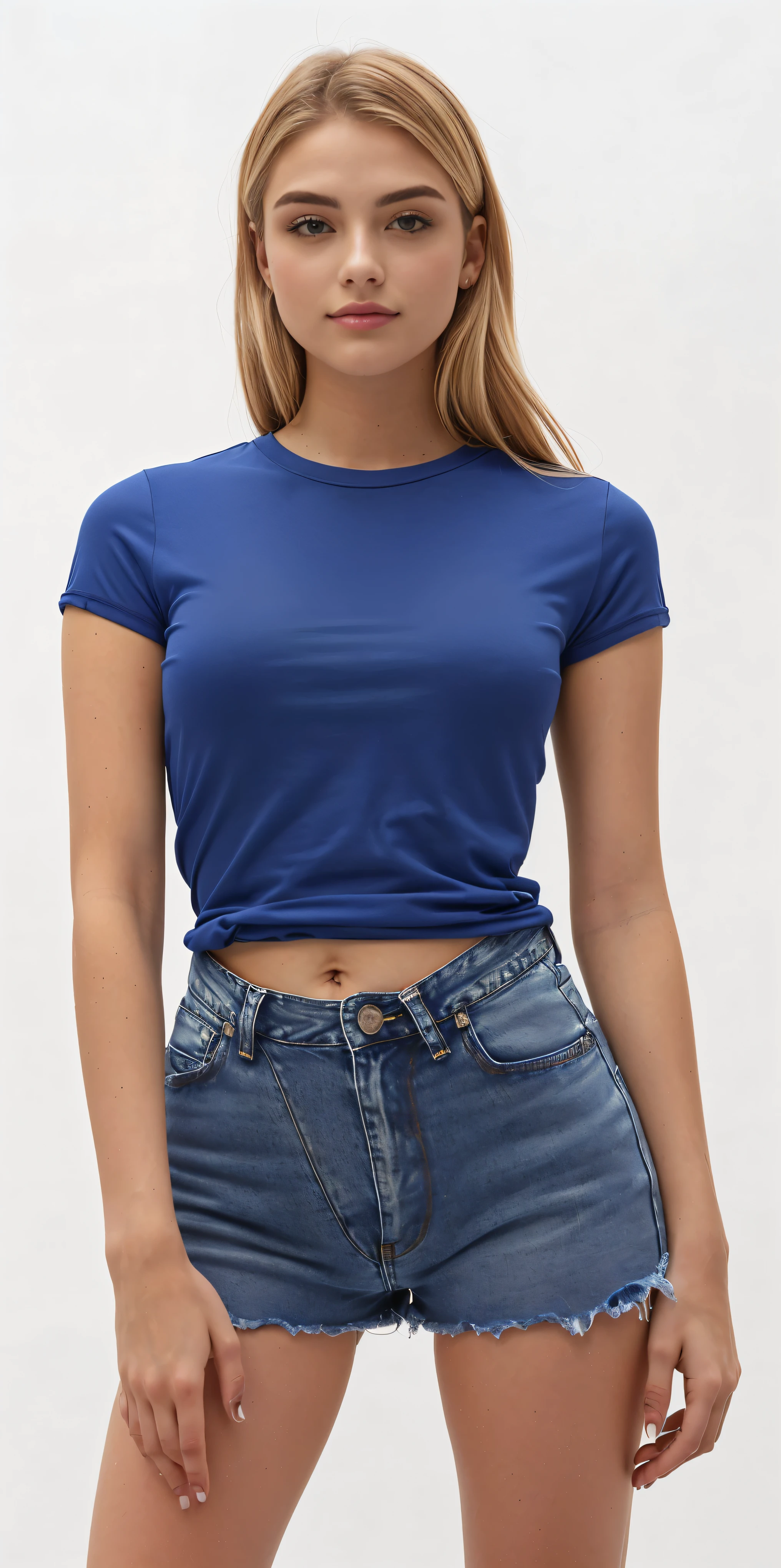 a woman in a blue blouse and denim shorts posing for a photo, t - shirt azul apertada, com t - shirt rasgada, dark blue shirt, top cut, manga curta, top cut, dark blue, navy blue, t - shirt, shirt blue, wearing short tops, usando um top cropped sexy, physicist : smallest belly ever, tight shirt