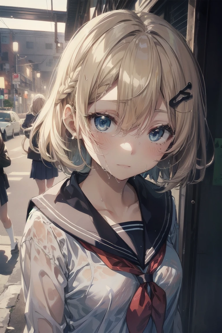 Heavy rain，highest quality, anime moe art style,Best Anime 8K Kona-chan Wallpaper，Pixiv contest winners，perfect ???????, (Please draw a girl walking sleepily to school)，break, 1 girl, (alone,,,13 years old:1.3)，high school student, short hair, amount, (hair above one eye:1.9)，All limbs, full finger，medium breasts, between legs, small eyes，Precise blue eyes，hair clip, (sailor suit:1.5)，(school uniform:1.5) ，(wet clothes)，skirt，On the way to school，break，Super detailed,High resolution，super dense skin，professional lighting，8K eye details，(cute illustration:1.2),blonde，blonde hair，(wet hair:1.2)，(bra visible through clothes)，No expression