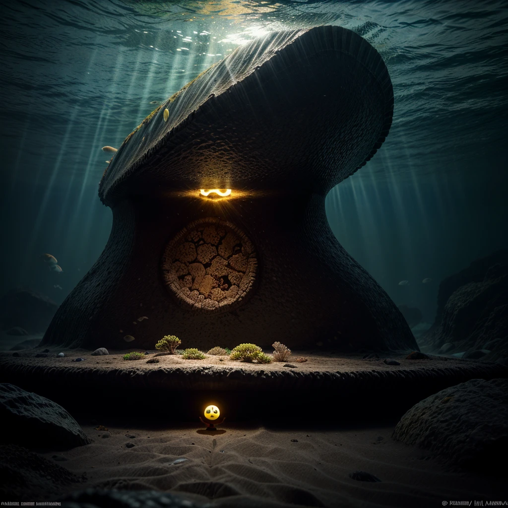 A gigantic Pac-Man is emerging from the ocean floor, surrounded by marine life. Light breaks through the water, creating a dramatic and mystical lighting effect. The colossal Pac-Man, with its iconic round shape and wide-open mouth, dominates the scene, making the surrounding marine creatures appear tiny in comparison. Seaweed and coral cling to its surface, indicating its prolonged stay underwater.

Details for creating a picture:

Main object:

Gigantic Pac-Man with its classic yellow color and wide-open mouth.
Covered in seaweed and coral, showing signs of being underwater for a long time.
ambient:

Ocean floor, covered with sand and rocks.
Marine flora: large seaweed, algae, and extensive coral formations.
Marine fauna: various types of fish, turtles, rays, and other marine life.
Lighting & Atmosphere:

Scattered light penetrating through the water from above, creating dramatic light rays.
Shadows and depth, emphasizing the size and presence of Pac-Man.
Bluish and greenish shades, characteristic of the underwater environment.
Additional elements (Optional):

Shipwrecks or old chests in the background to add ambience.
Large air bubbles rising from Pac-Man.
Tiny marine creatures swimming around Pac-Man, highlighting its enormous size.
Style and mood:

Realistic style with high detail.
Dramatic and slightly mysterious atmosphere.
Combination of iconic pop culture and natural underwater elements.
Technical specifications:

High resolution.
Realistic stylization.
Detailed elements of Pac-Man and the underwater world.
Effective use of light and shadow to create depth and realism.