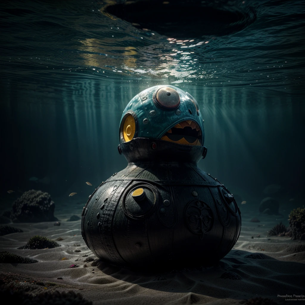 A gigantic Pac-Man is emerging from the ocean floor, surrounded by marine life. Light breaks through the water, creating a dramatic and mystical lighting effect. The colossal Pac-Man, with its iconic round shape and wide-open mouth, dominates the scene, making the surrounding marine creatures appear tiny in comparison. Seaweed and coral cling to its surface, indicating its prolonged stay underwater.

Details for creating a picture:

Main object:

Gigantic Pac-Man with its classic yellow color and wide-open mouth.
Covered in seaweed and coral, showing signs of being underwater for a long time.
ambient:

Ocean floor, covered with sand and rocks.
Marine flora: large seaweed, algae, and extensive coral formations.
Marine fauna: various types of fish, turtles, rays, and other marine life.
Lighting & Atmosphere:

Scattered light penetrating through the water from above, creating dramatic light rays.
Shadows and depth, emphasizing the size and presence of Pac-Man.
Bluish and greenish shades, characteristic of the underwater environment.
Additional elements (Optional):

Shipwrecks or old chests in the background to add ambience.
Large air bubbles rising from Pac-Man.
Tiny marine creatures swimming around Pac-Man, highlighting its enormous size.
Style and mood:

Realistic style with high detail.
Dramatic and slightly mysterious atmosphere.
Combination of iconic pop culture and natural underwater elements.
Technical specifications:

High resolution.
Realistic stylization.
Detailed elements of Pac-Man and the underwater world.
Effective use of light and shadow to create depth and realism.