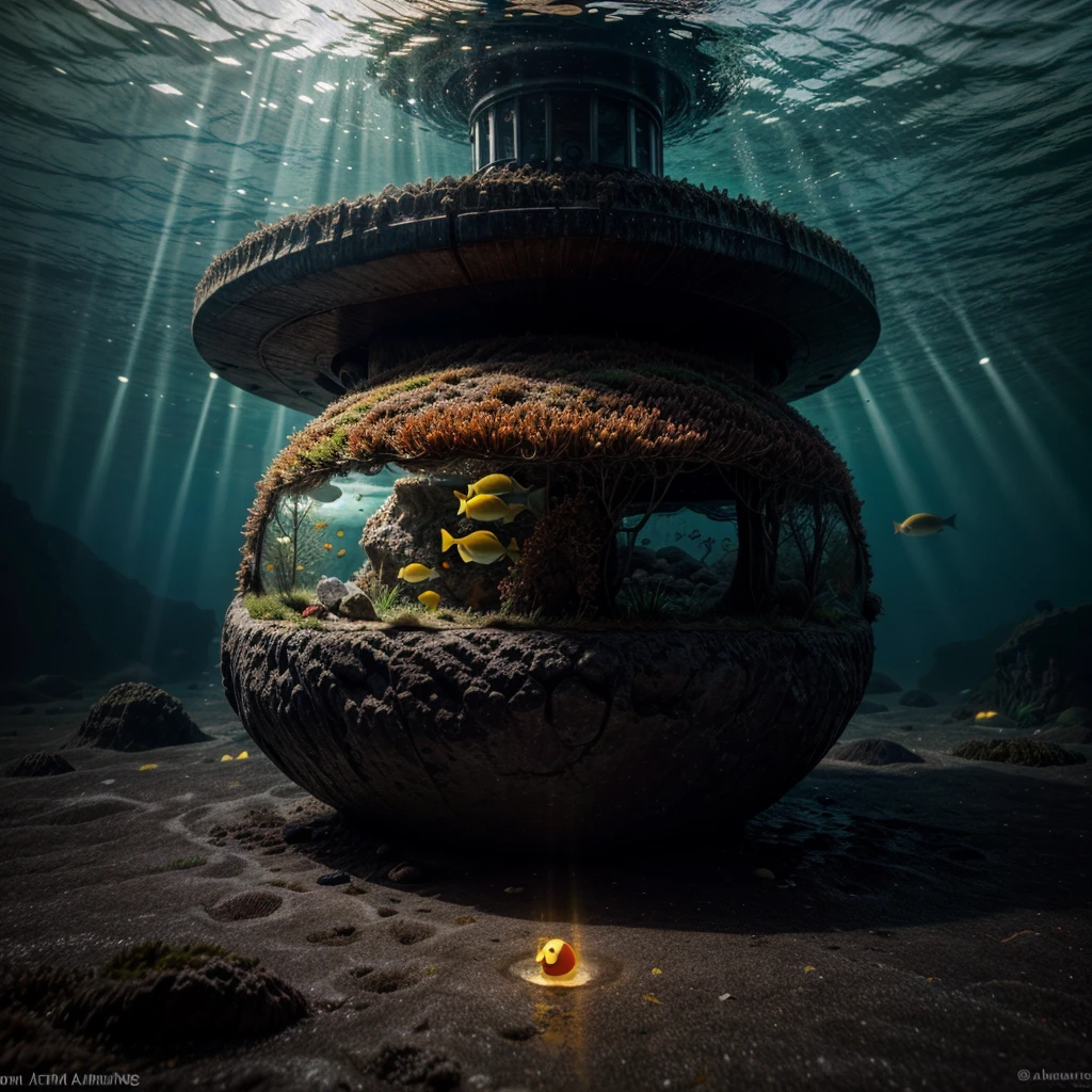 A gigantic Pac-Man is emerging from the ocean floor, surrounded by marine life. Light breaks through the water, creating a dramatic and mystical lighting effect. The colossal Pac-Man, with its iconic round shape and wide-open mouth, dominates the scene, making the surrounding marine creatures appear tiny in comparison. Seaweed and coral cling to its surface, indicating its prolonged stay underwater.

Details for creating a picture:

Main object:

Gigantic Pac-Man with its classic yellow color and wide-open mouth.
Covered in seaweed and coral, showing signs of being underwater for a long time.
ambient:

Ocean floor, covered with sand and rocks.
Marine flora: large seaweed, algae, and extensive coral formations.
Marine fauna: various types of fish, turtles, rays, and other marine life.
Lighting & Atmosphere:

Scattered light penetrating through the water from above, creating dramatic light rays.
Shadows and depth, emphasizing the size and presence of Pac-Man.
Bluish and greenish shades, characteristic of the underwater environment.
Additional elements (Optional):

Shipwrecks or old chests in the background to add ambience.
Large air bubbles rising from Pac-Man.
Tiny marine creatures swimming around Pac-Man, highlighting its enormous size.
Style and mood:

Realistic style with high detail.
Dramatic and slightly mysterious atmosphere.
Combination of iconic pop culture and natural underwater elements.
Technical specifications:

High resolution.
Realistic stylization.
Detailed elements of Pac-Man and the underwater world.
Effective use of light and shadow to create depth and realism.