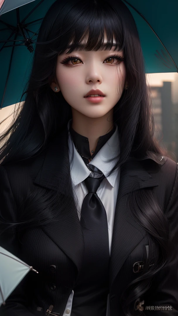 arafed woman in a suit and tie holding an umbrella, ulzzang, cruel korean goth girl, with long hair and piercing eyes, she has black hair with bangs, korean girl, with long black hair, with long hair, with long dark hair, long black hair with bangs, with very thin lips, long dark hair with bangs