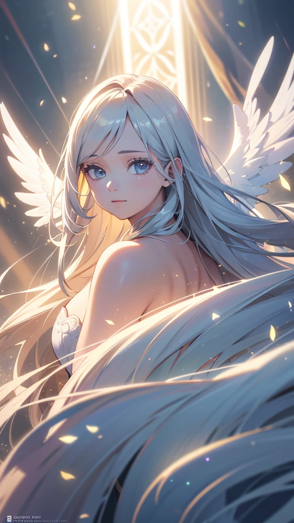 a pair of twin goddess, silver hair and golden hair, divine, beautiful, grand, shining brightly, particles of light, rays of light, pure white angelic wings, best quality, 8k, highres, masterpiece, anime style, realistic, photorealistic, photo-realistic, HDR, UHD, studio lighting, ultra-fine painting, sharp focus, physically-based rendering, extreme detail description, professional, vivid colors, bokeh