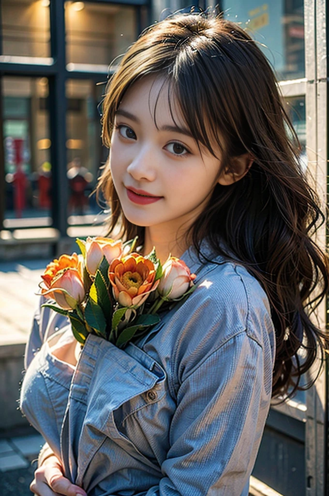 (8K, RAW Photos, Highest quality、masterpiece:1.2), (Realistic、Realistic:1.37), Very detailed, High resolution, 1 girl, smile, View your viewers, dress, Beautifully detailed face、(Holding a bouquet:1.3),Beautiful and detailed skin、Skin Texture、Floating Hair、Professional Lighting, noon