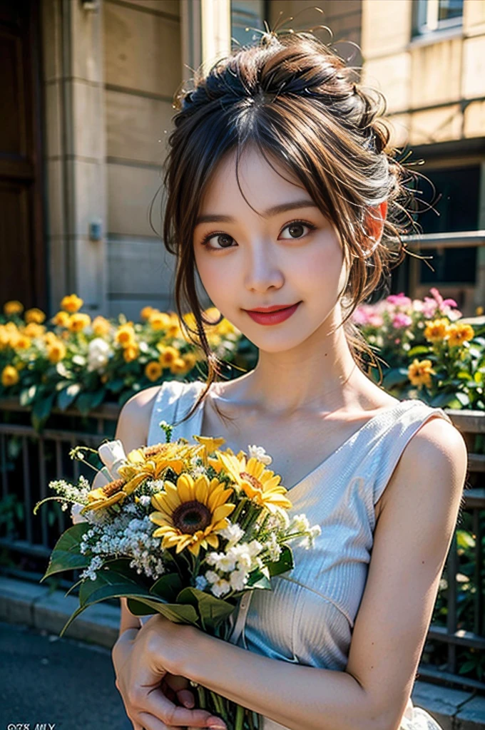 (8K, RAW Photos, Highest quality、masterpiece:1.2), (Realistic、Realistic:1.37), Very detailed, High resolution, 1 girl, smile, View your viewers, dress, Beautifully detailed face、(Holding a bouquet:1.3),Beautiful and detailed skin、Skin Texture、Floating Hair、Professional Lighting, noon