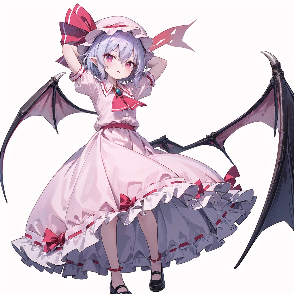 (((one women))),(((remilia scarlet))),(touhou), red eyes, short hair, purple hair, light purple hair, blue hair, slit pupils, fang, bat wings, white headwear, pink headwear, mob cap, white shirt, pink shirt, collared shirt, frilled shirt collar, red ascot, puffy short sleeves, frilled sleeves, wrist cuffs, white skirt, pink skirt, skirt set, frilled skirt, red ribbon, hat ribbon, waist bow, red bow,brooch, holding,(((full body))),(((model posing))),(((arms behind head))),(((white background))),(((Angle from below,))