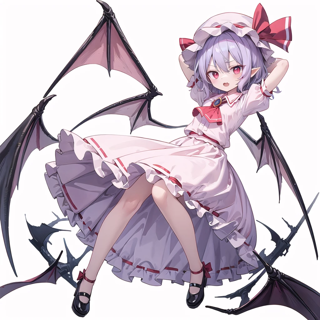 (((one women))),(((remilia scarlet))),(touhou), red eyes, short hair, purple hair, light purple hair, blue hair, slit pupils, fang, bat wings, white headwear, pink headwear, mob cap, white shirt, pink shirt, collared shirt, frilled shirt collar, red ascot, puffy short sleeves, frilled sleeves, wrist cuffs, white skirt, pink skirt, skirt set, frilled skirt, red ribbon, hat ribbon, waist bow, red bow,brooch, holding,(((full body))),(((model posing))),(((arms behind head))),(((white background))),(((Angle from below,))