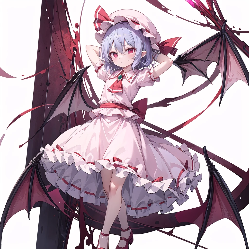 (((one women))),(((remilia scarlet))),(touhou), red eyes, short hair, purple hair, light purple hair, blue hair, slit pupils, fang, bat wings, white headwear, pink headwear, mob cap, white shirt, pink shirt, collared shirt, frilled shirt collar, red ascot, puffy short sleeves, frilled sleeves, wrist cuffs, white skirt, pink skirt, skirt set, frilled skirt, red ribbon, hat ribbon, waist bow, red bow, brooch, holding,(((full body))),(((model posing))),(((white background))),(((Diagonal angle)))
