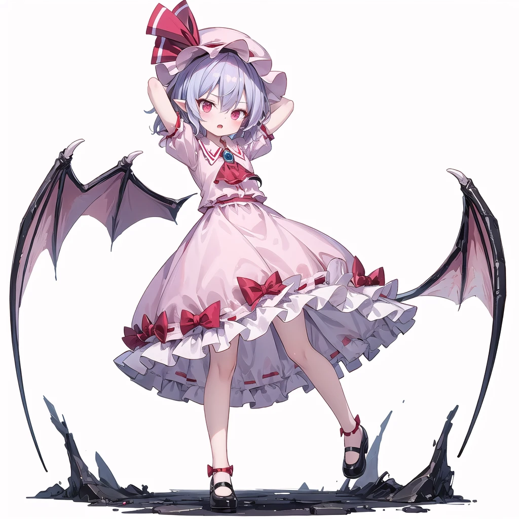 (((one women))),(((remilia scarlet))),(touhou), red eyes, short hair, purple hair, light purple hair, blue hair, slit pupils, fang, bat wings, white headwear, pink headwear, mob cap, white shirt, pink shirt, collared shirt, frilled shirt collar, red ascot, puffy short sleeves, frilled sleeves, wrist cuffs, white skirt, pink skirt, skirt set, frilled skirt, red ribbon, hat ribbon, waist bow, red bow,brooch, holding,(((full body))),(((model posing))),(((arms behind head))),(((white background))),(((Angle from below,))