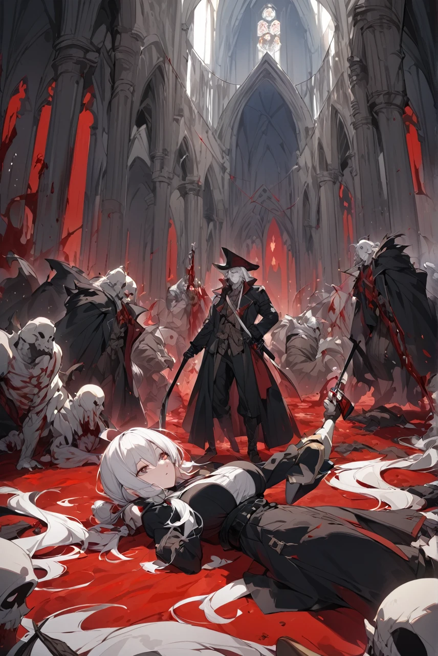Tall pale woman,Big breasts 
, defined  long white hair tied up, Dressed in a black overcoat-style outfit,Musketeer hat, holding a Saber in one hand and not a hunter's pistol in the other,Interior of a cathedral of blood, several monsters lying on the floor dead