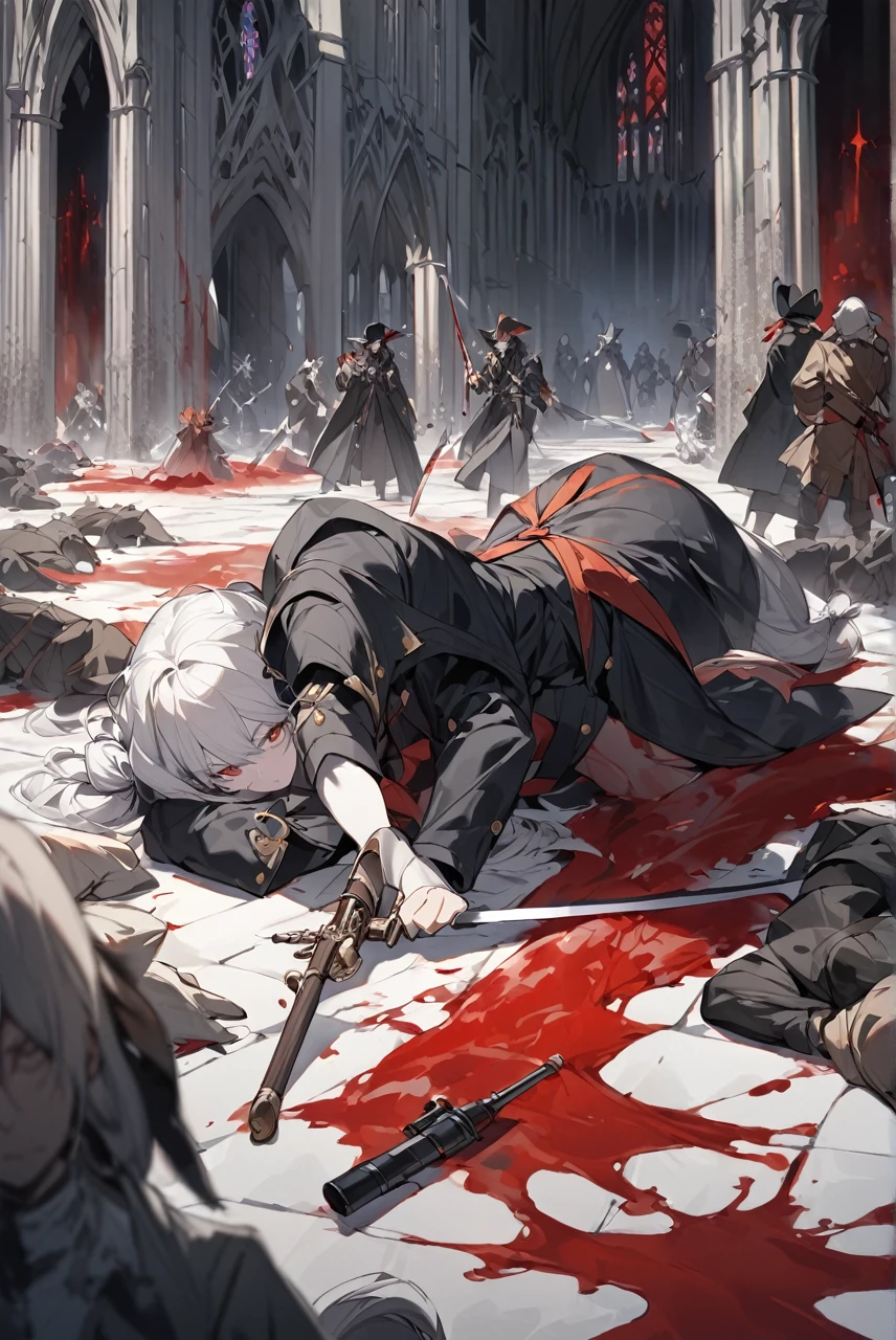 Tall pale woman,Big breasts
, defined long white hair tied up, Dressed in a black overcoat-style outfit,Musketeer hat, holding a Saber in one hand and not a hunter's pistol in the other,Interior of a cathedral of blood, several monsters lying on the floor dead