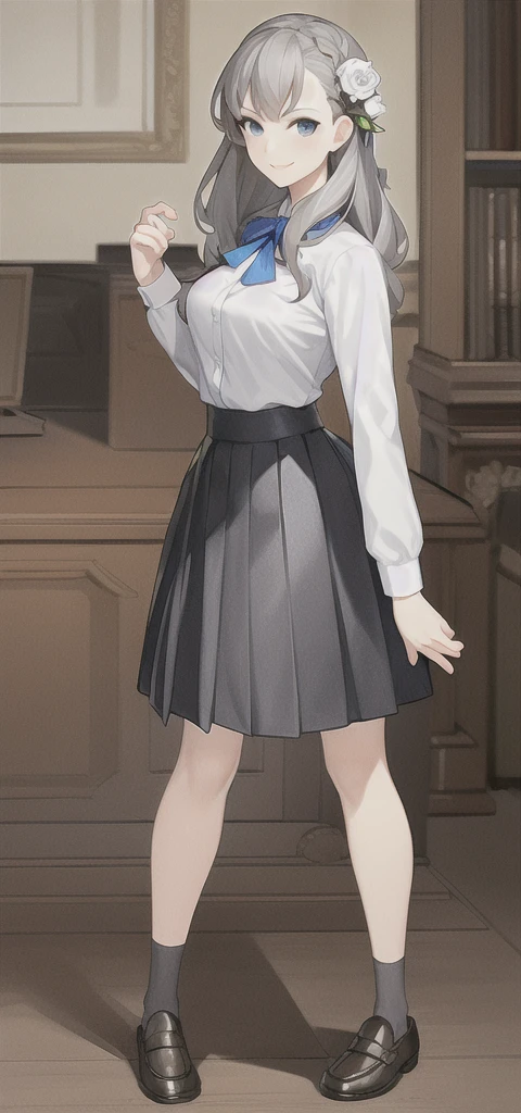 masterpiece, best quality,fuyusaka iori 1, 1girl, solo, hair flower, white shirt, skirt, pleated skirt, black skirt, shoes, hair ornament, flower, long hair, full body, socks, grey hair, white flower, grey eyes, outline, looking at viewer, highly detailed library background, middle breast, smile, shameful face, slander, straight on, standing, loafers,