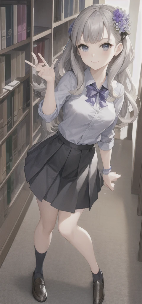 masterpiece, best quality,fuyusaka iori 1, 1girl, solo, hair flower, white shirt, skirt, pleated skirt, black skirt, shoes, hair ornament, flower, long hair, full body, socks, grey hair, white flower, grey eyes, outline, looking at viewer, highly detailed library background, middle breast, smile, shameful face, slander, straight on, standing, loafers,