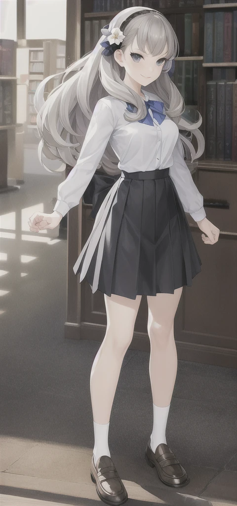 masterpiece, best quality,fuyusaka iori 1, 1girl, solo, hair flower, white shirt, skirt, pleated skirt, black skirt, shoes, hair ornament, flower, long hair, full body, socks, grey hair, white flower, grey eyes, outline, looking at viewer, highly detailed library background, middle breast, smile, shameful face, slander, straight on, standing, loafers,