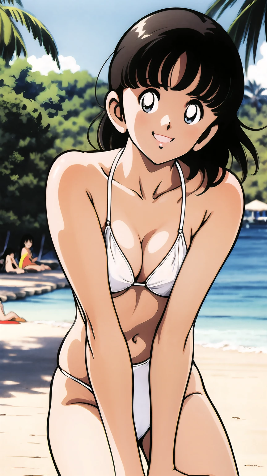 (((character:asakura minami:1.3))),((masterpiece)),((highest quality)),Super detailed,(thin entire outline),enlightenment,explicit,1girl,solo,black hair,medium hair,black eyes,small nose,perfect body,beautiful body,beautiful character design,perfect eyes,perfect face,((happy smile)),small open mouth,(enjoy,having fun:1.2),perspiration,wallpaper,ultra high resolution,8k,photo shoot,(beautiful large breast:1.2),beautiful legs,perfect feet,beautiful skin,fair skin,smooth skin,official style,official art,make a screen cap,outdoor,(summer beach),sunshine,bright lighting,(white micro bikinis),split legs,peace sign,